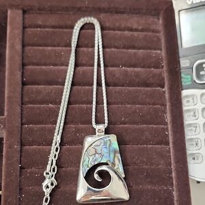 Iridescent Abalone Shell & Silver-Tone Wave Pendant Necklace And Earrings